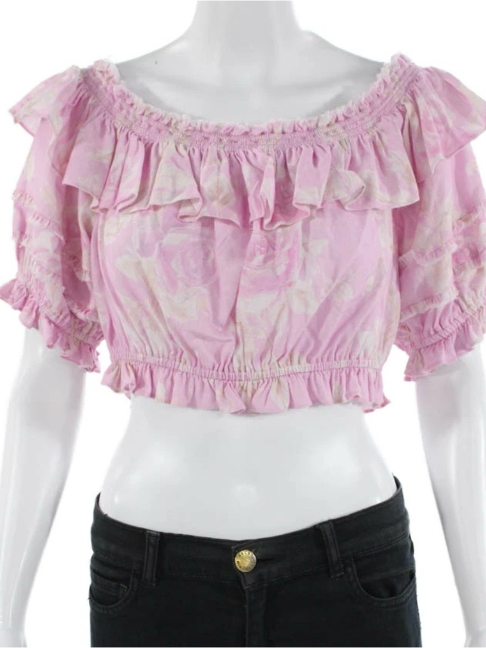 Loveshackfancy Pink Ruffled Off-Shoulder Crop Top M